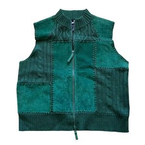 Ambra Green Suede Leather Patchwork Cable Knit Zip Up Vest Womens Petite LargePL